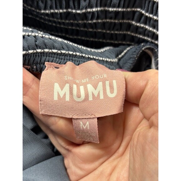 Show Me Your Mumu Clair Mid Dress Blue Grey Medium Smocked Back Dquare Neck Slit - Picture 5 of 16